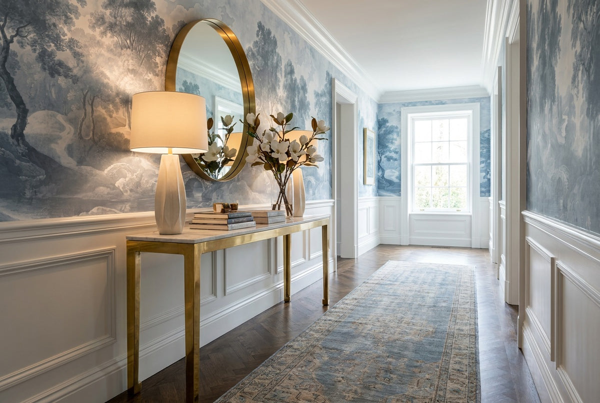 peel and stick custom blue toile hallway wallpaper mural removable non woven vinyl