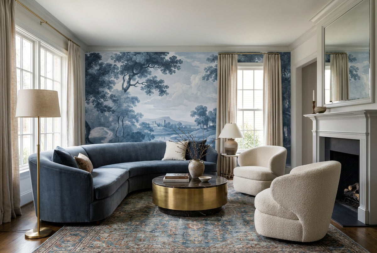 peel and stick custom blue toile living room wallpaper mural removable non woven vinyl