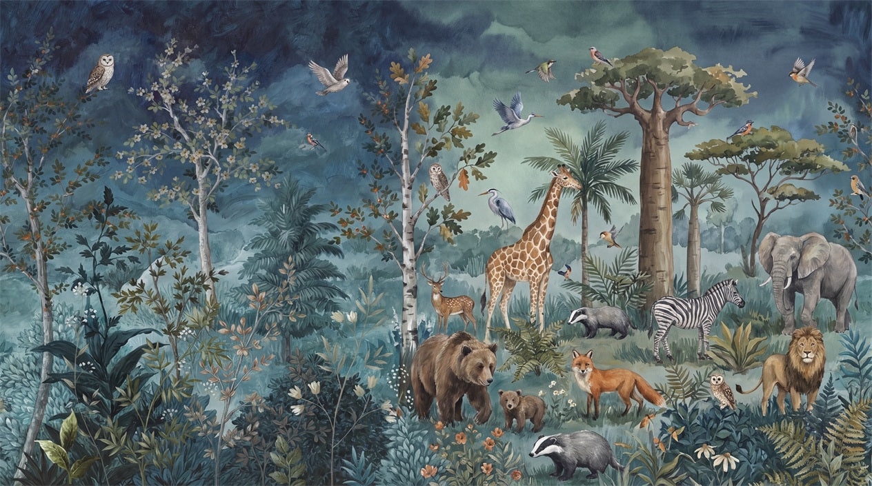Deep Teal Decorative Jungle Wallpaper Mural