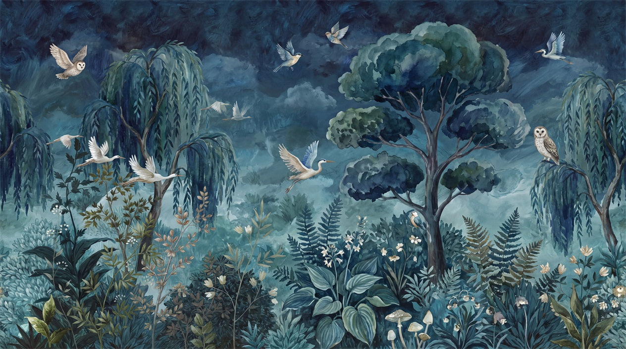 Deep Blue Enchanted Bird Garden Wallpaper Mural