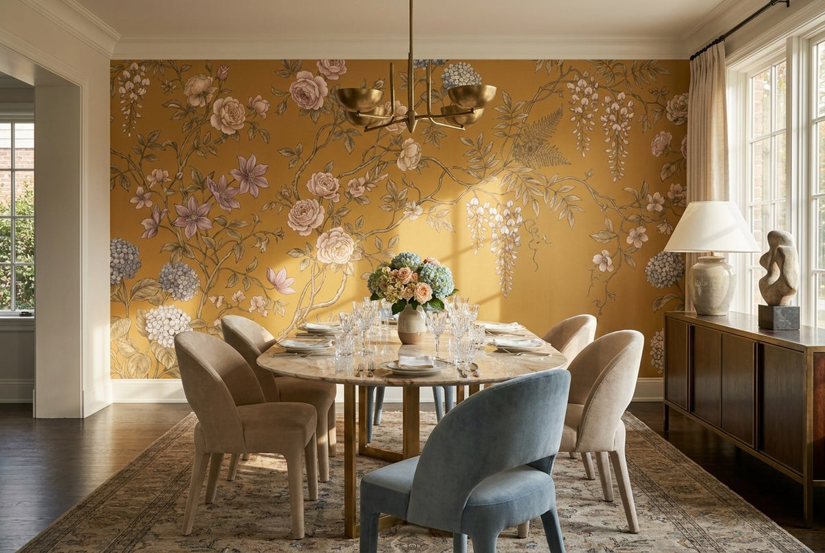 peel and stick custom ochre floral dining wallpaper mural removable non woven vinyl