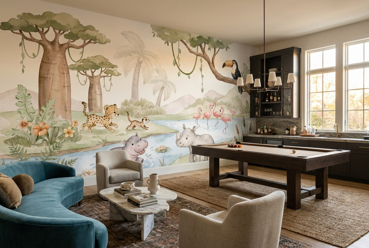 peel and stick custom sage hippo game room wallpaper mural removable non woven vinyl
