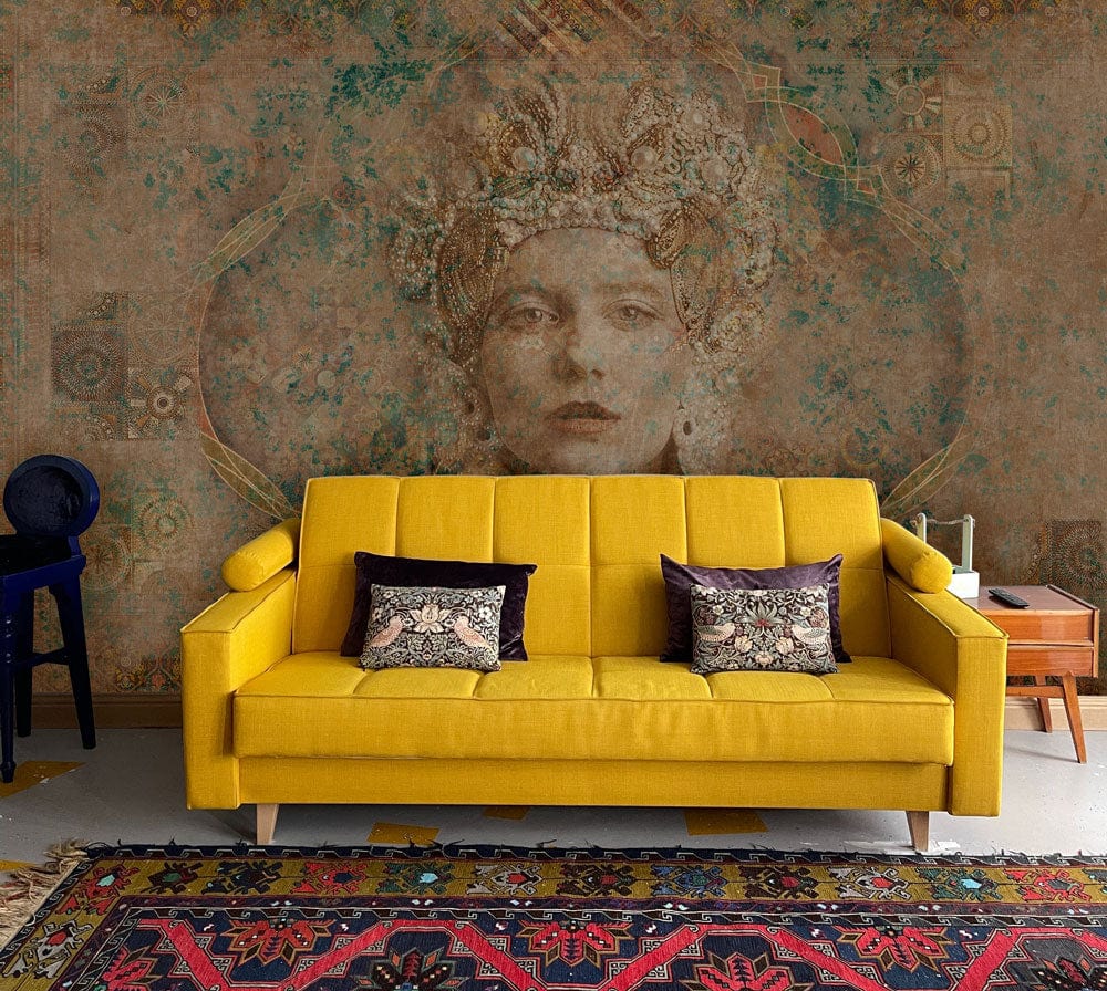 Mystical Vintage Queen Mural Wallpaper with Yellow Sofa, Blue Chair, and Persian Rug in Living Room.