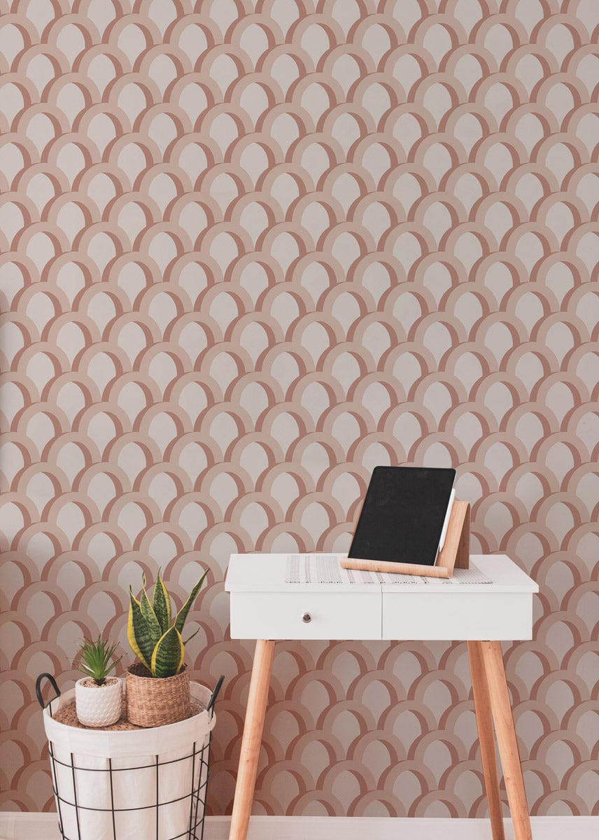 Elegant Peach Scales Pattern Wallpaper, Minimalist Design, with White Desk, Natural Basket, Modern Interior.
