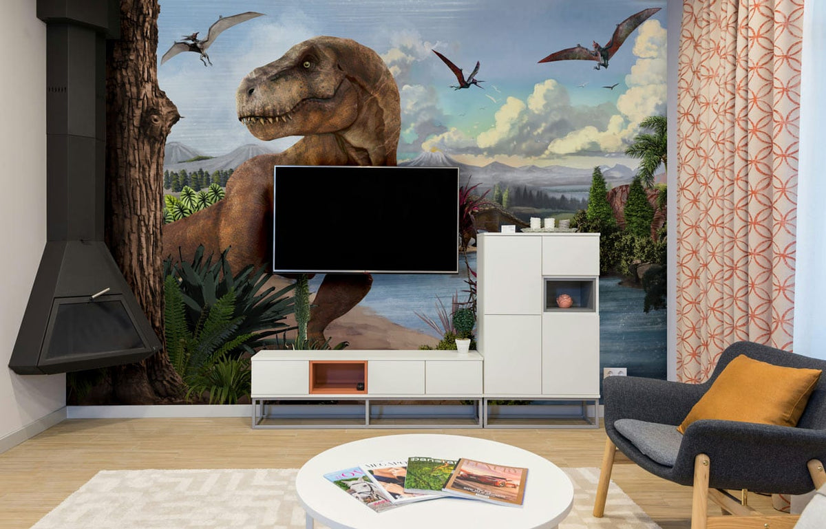 Colourful dinosaur mural in a modern living room with grey chair, white cabinets, and wood flooring.