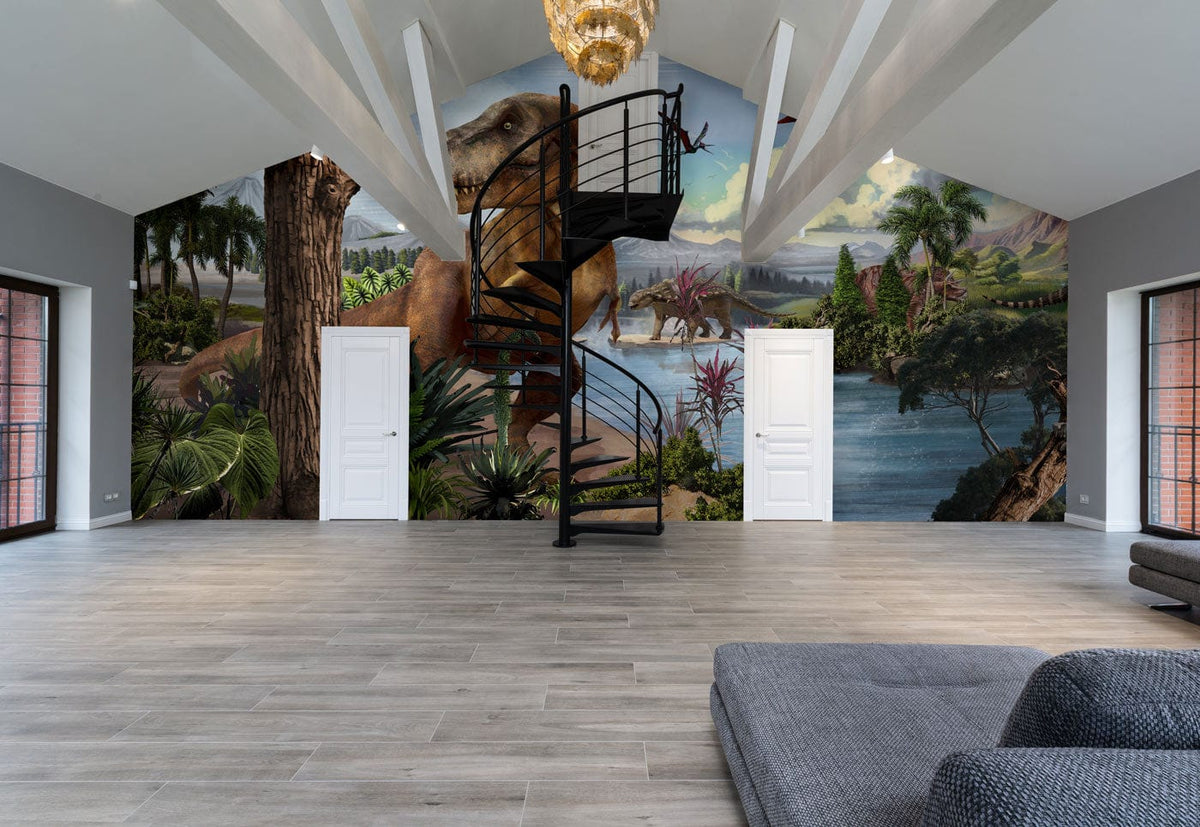 Prehistoric Dinosaurs Landscape Mural Wallpaper in modern living room with grey sofa and spiral staircase.