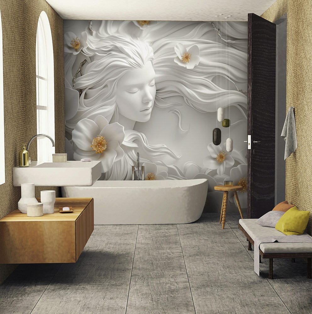 Elegant white floral mural wallpaper; bathroom setting with modern sink, bathtub, grey tiles, neutral decor.
