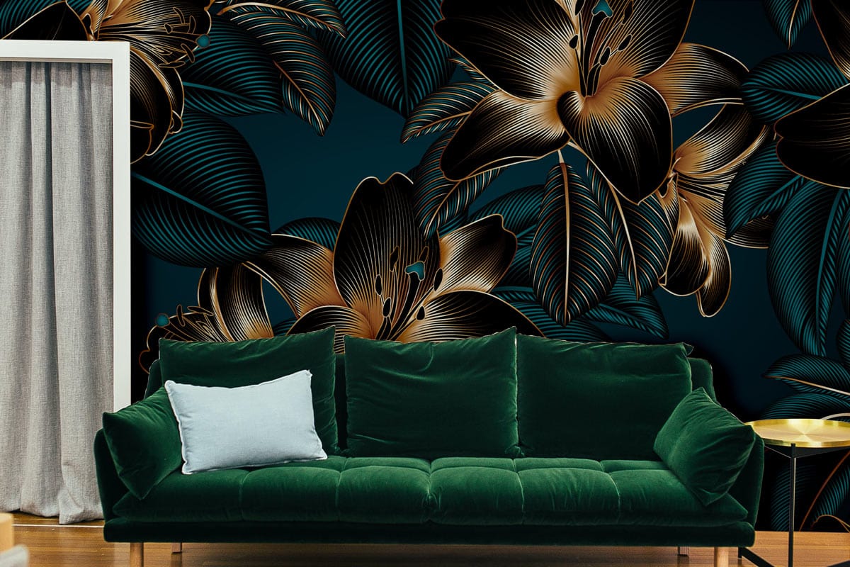 Elegant floral wallpaper with gold accents behind a luxurious green velvet sofa in a modern setting.