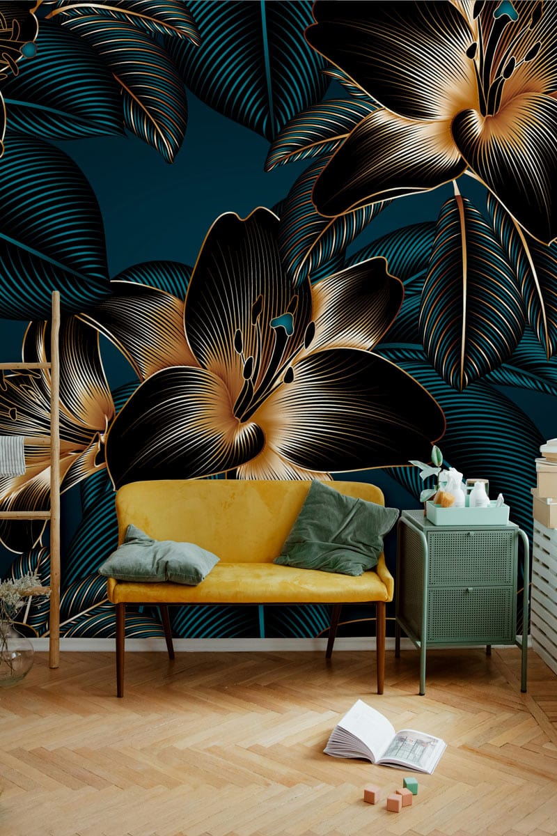 Elegant Midnight Floral Wallpaper with gold accents, yellow sofa, parquet flooring, and green cabinet.