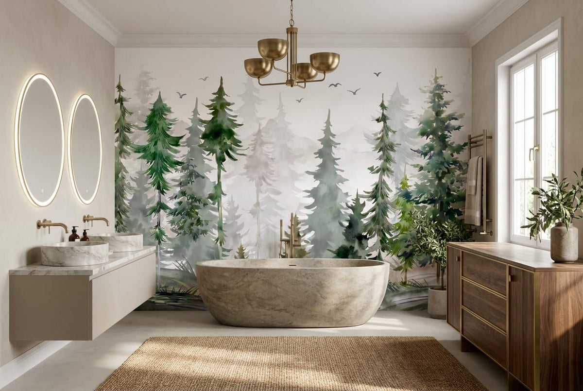 Forest Green Watercolor Nordic Pine Tree Wallpaper Mural in pine