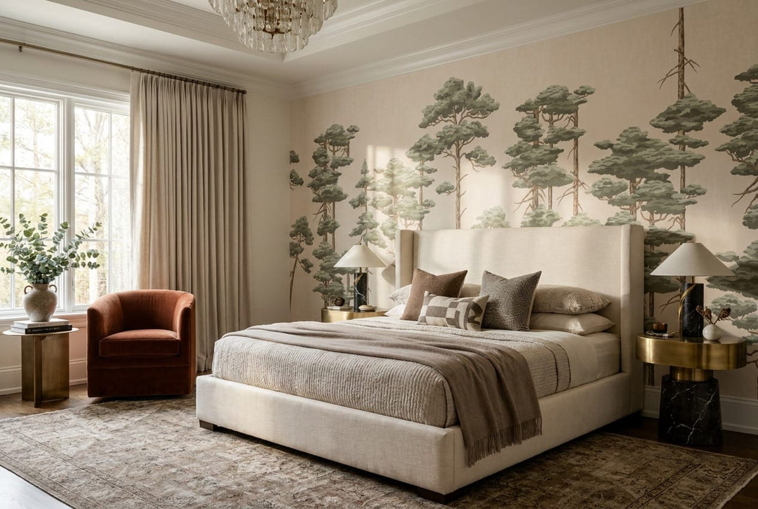 Sage pine tree wallpaper mural in a bedroom