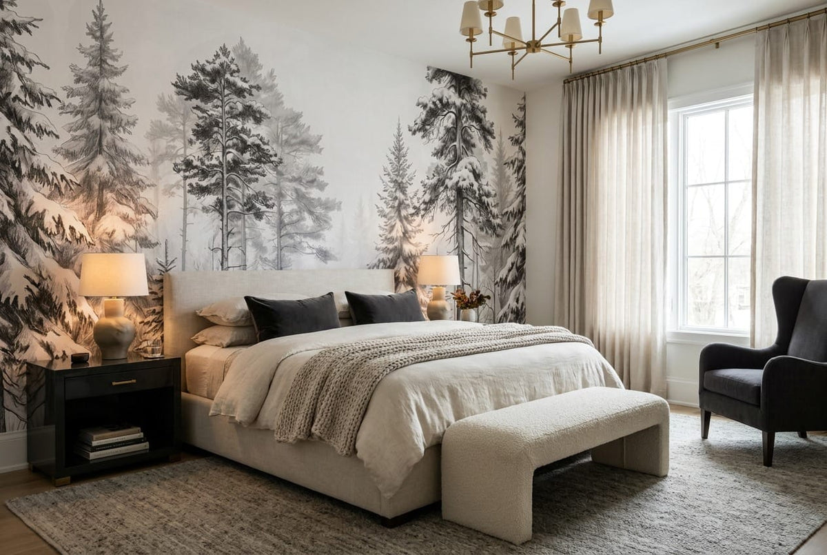 Soft White Pencil Sketch Nordic Pine Tree Wallpaper Mural in pine