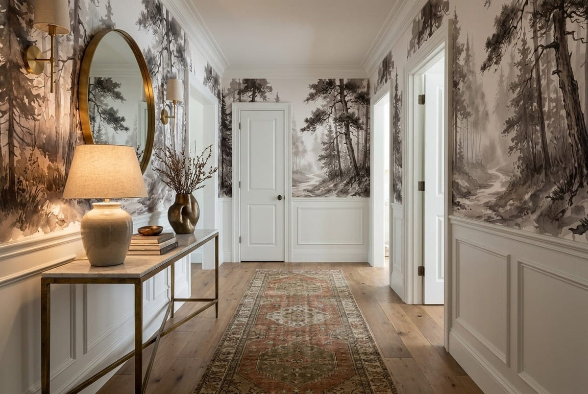 Warm Brown Ink Wash Japanese Pine Tree Wallpaper Mural in pine