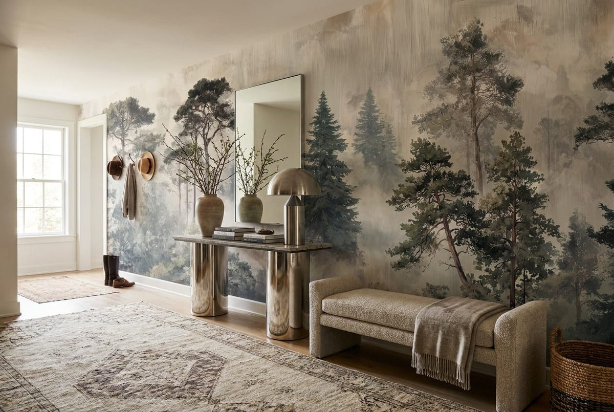 Misty gray pine tree wallpaper mural in a hallway