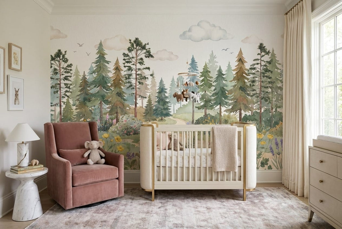 Green pine tree wallpaper mural in a nursery