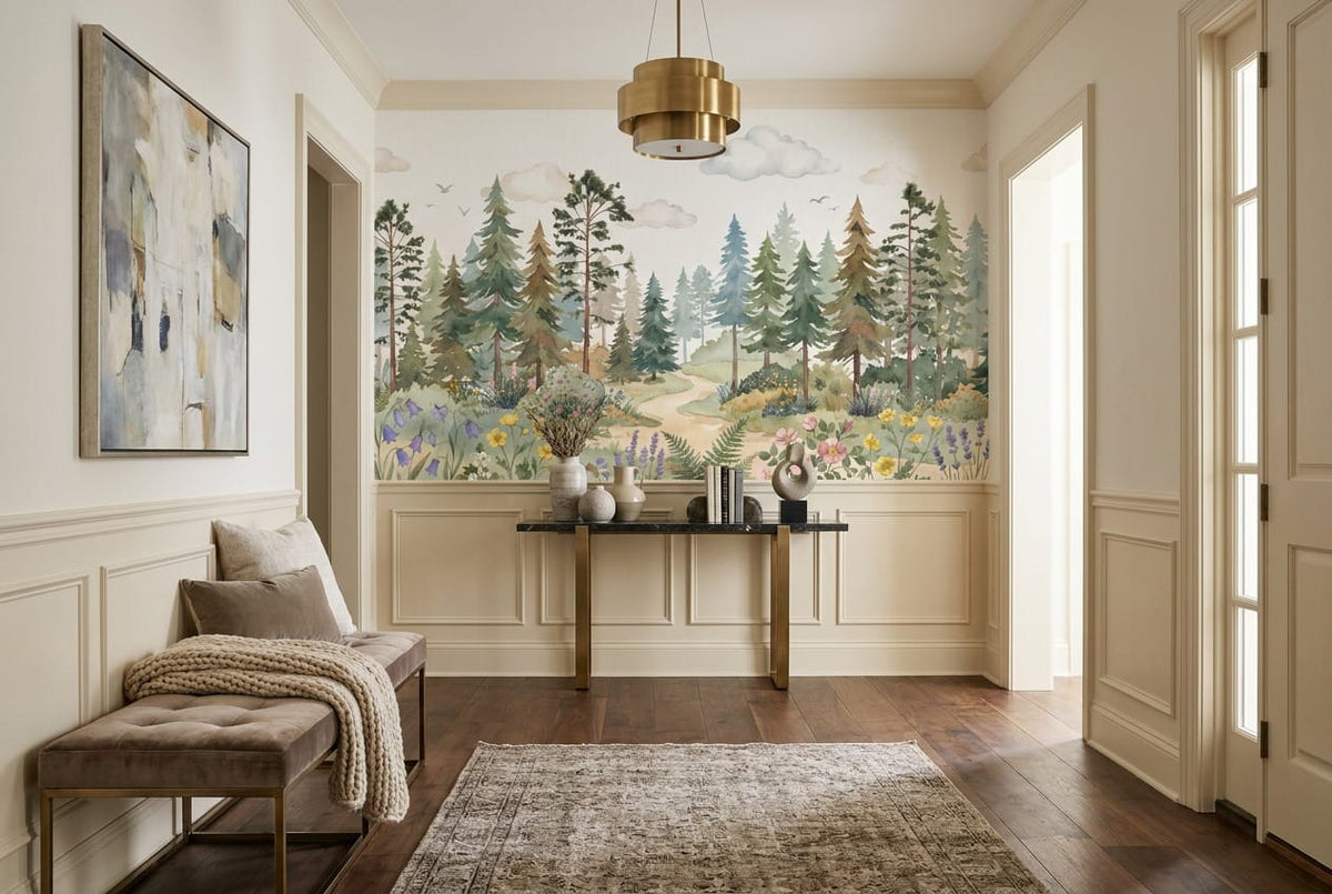 Green pine tree wallpaper mural in a hallway