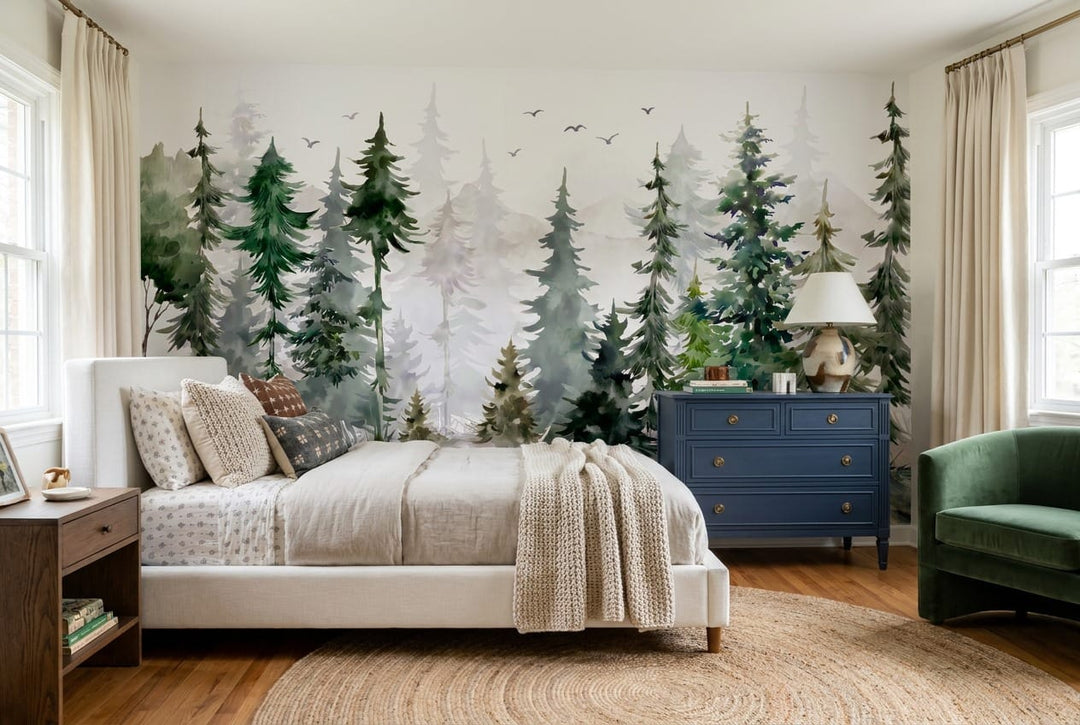 Forest Green Watercolor Nordic Pine Tree Wallpaper Mural in pine
