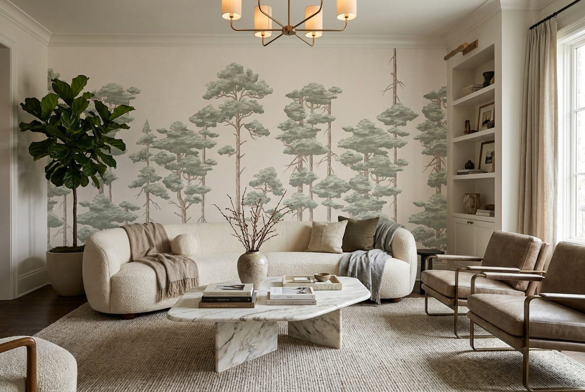 Sage pine tree wallpaper mural in a living room