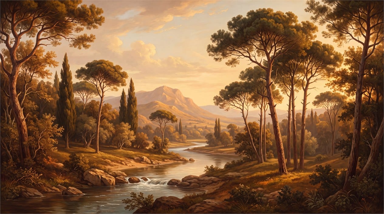 Golden Brown Oil Painting Mediterranean Pine Tree Wallpaper Mural