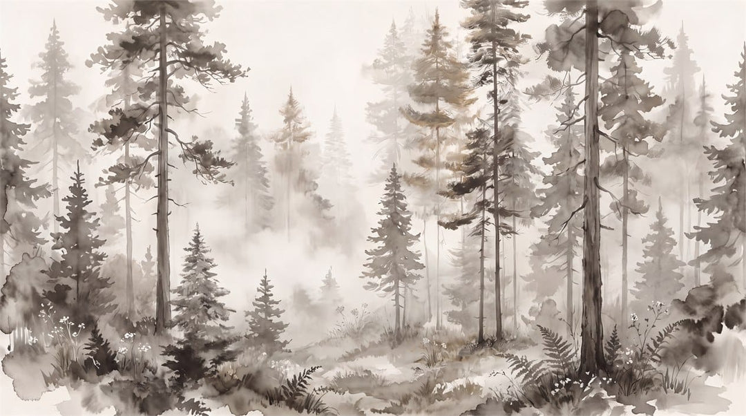 Taupe Watercolor Nordic Pine Tree Wallpaper Mural in pine