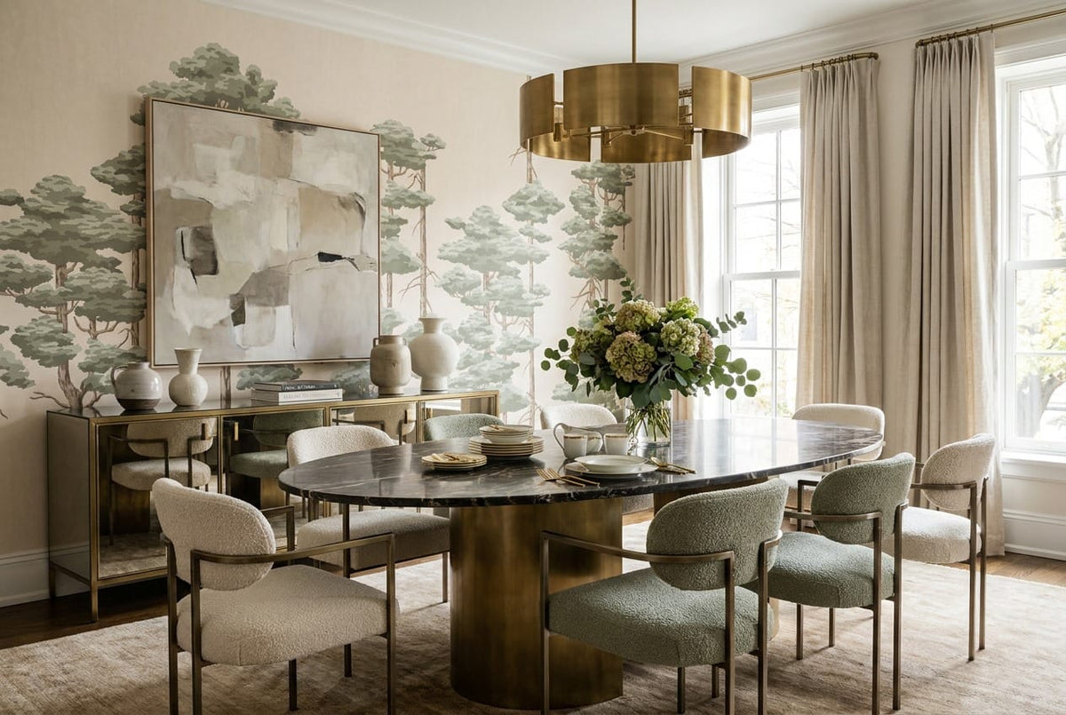 Sage pine tree wallpaper mural in a dining room