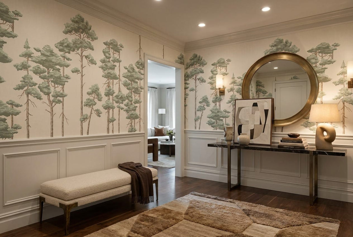 Sage pine tree wallpaper mural in a hallway
