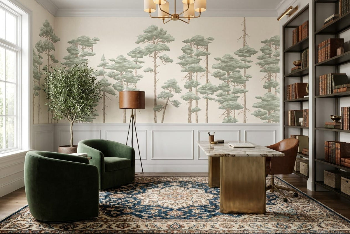 Sage pine tree wallpaper mural in a study