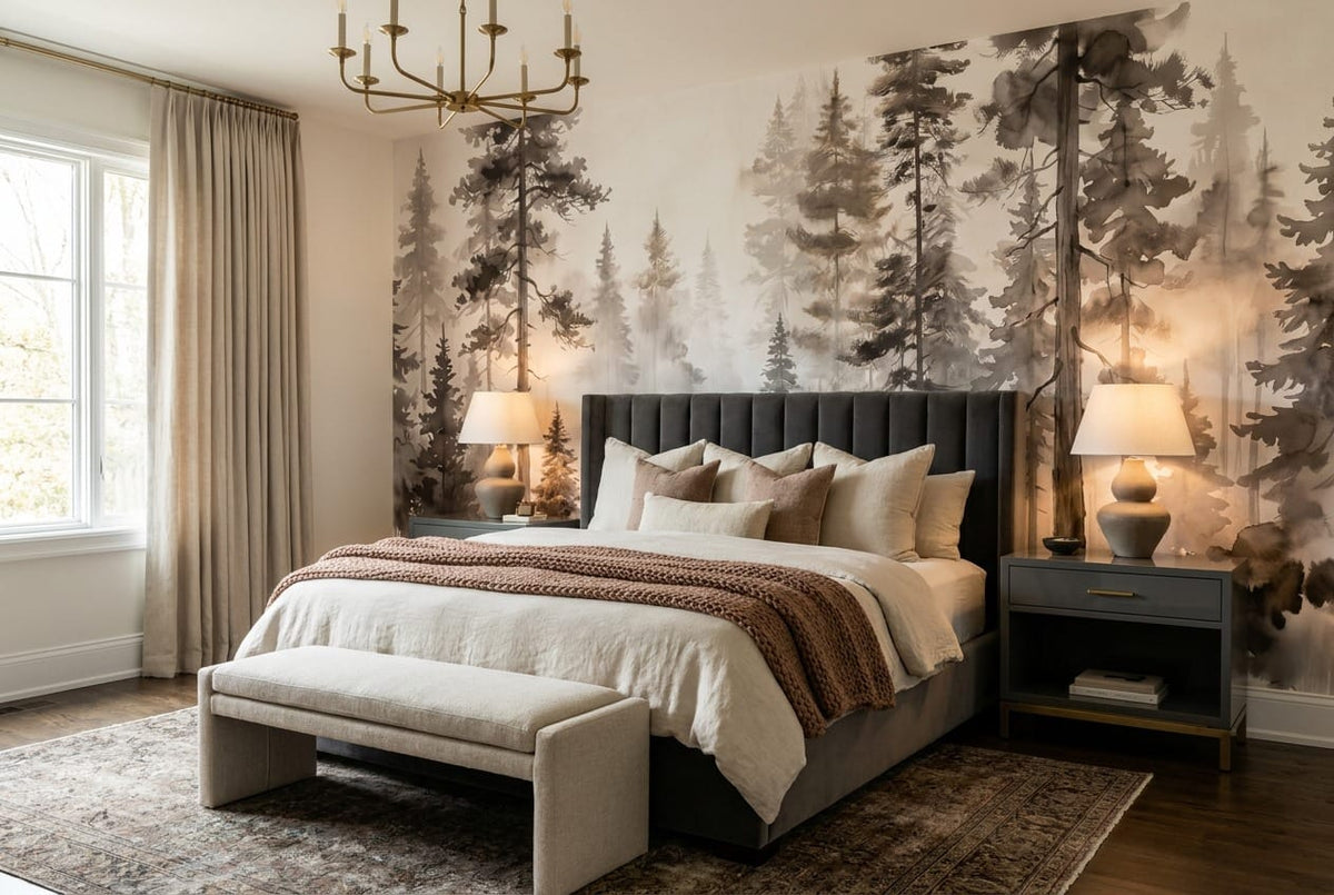 Taupe Watercolor Nordic Pine Tree Wallpaper Mural in pine