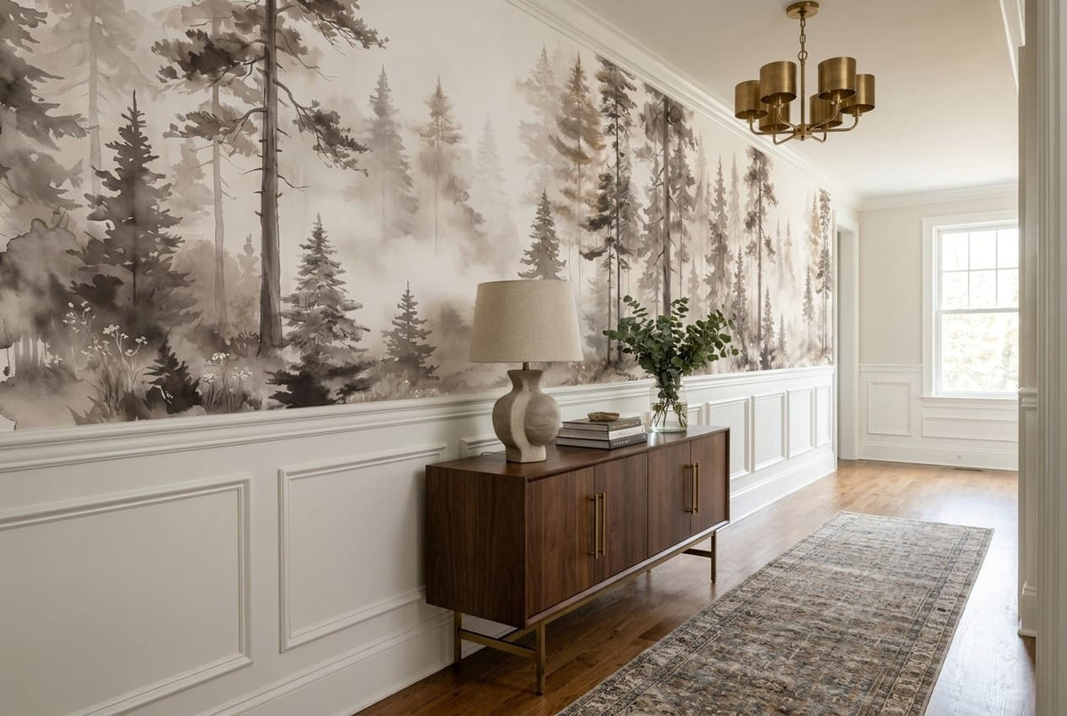Taupe Watercolor Nordic Pine Tree Wallpaper Mural in pine