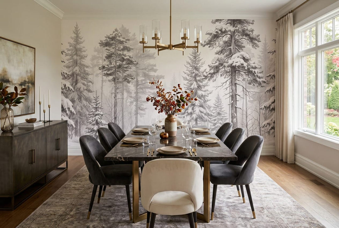 Soft White Pencil Sketch Nordic Pine Tree Wallpaper Mural in pine