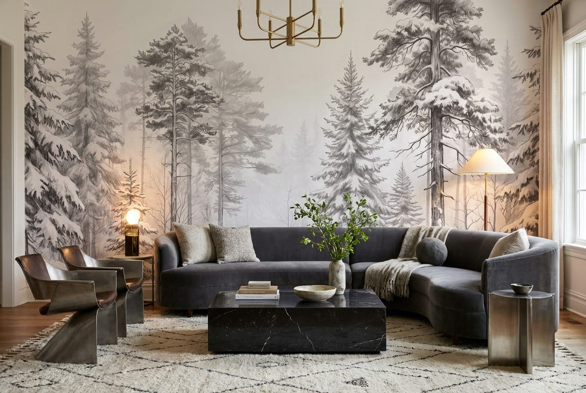 Soft White Pencil Sketch Nordic Pine Tree Wallpaper Mural in pine
