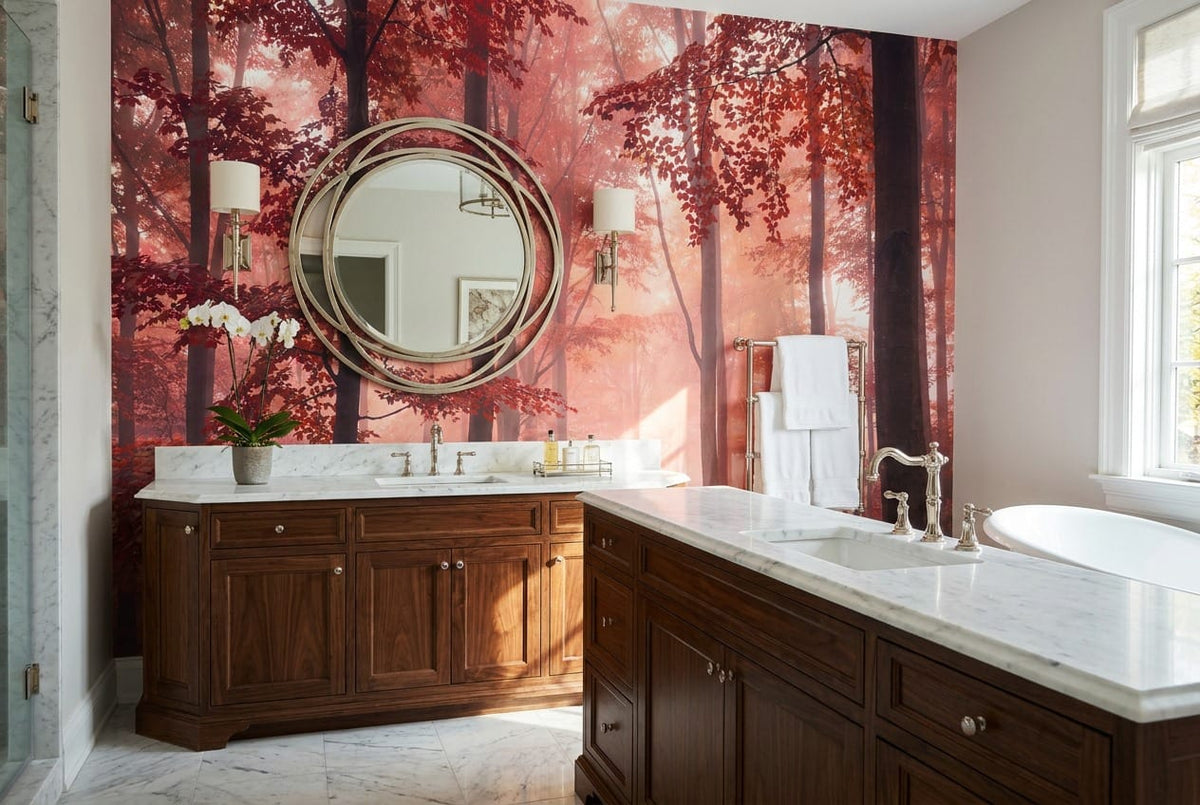Blush Morning Mist Autumn Forest Wallpaper Mural in pink