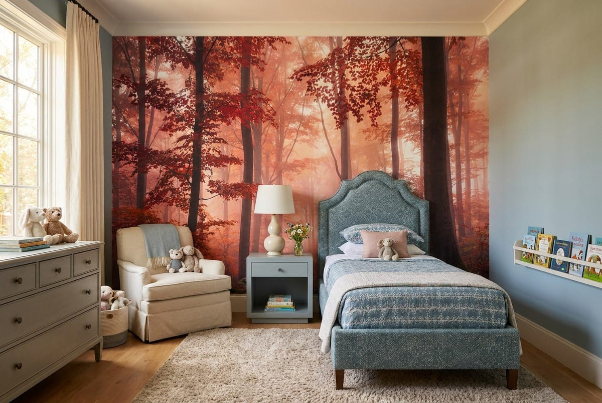 Blush Morning Mist Autumn Forest Wallpaper Mural in pink