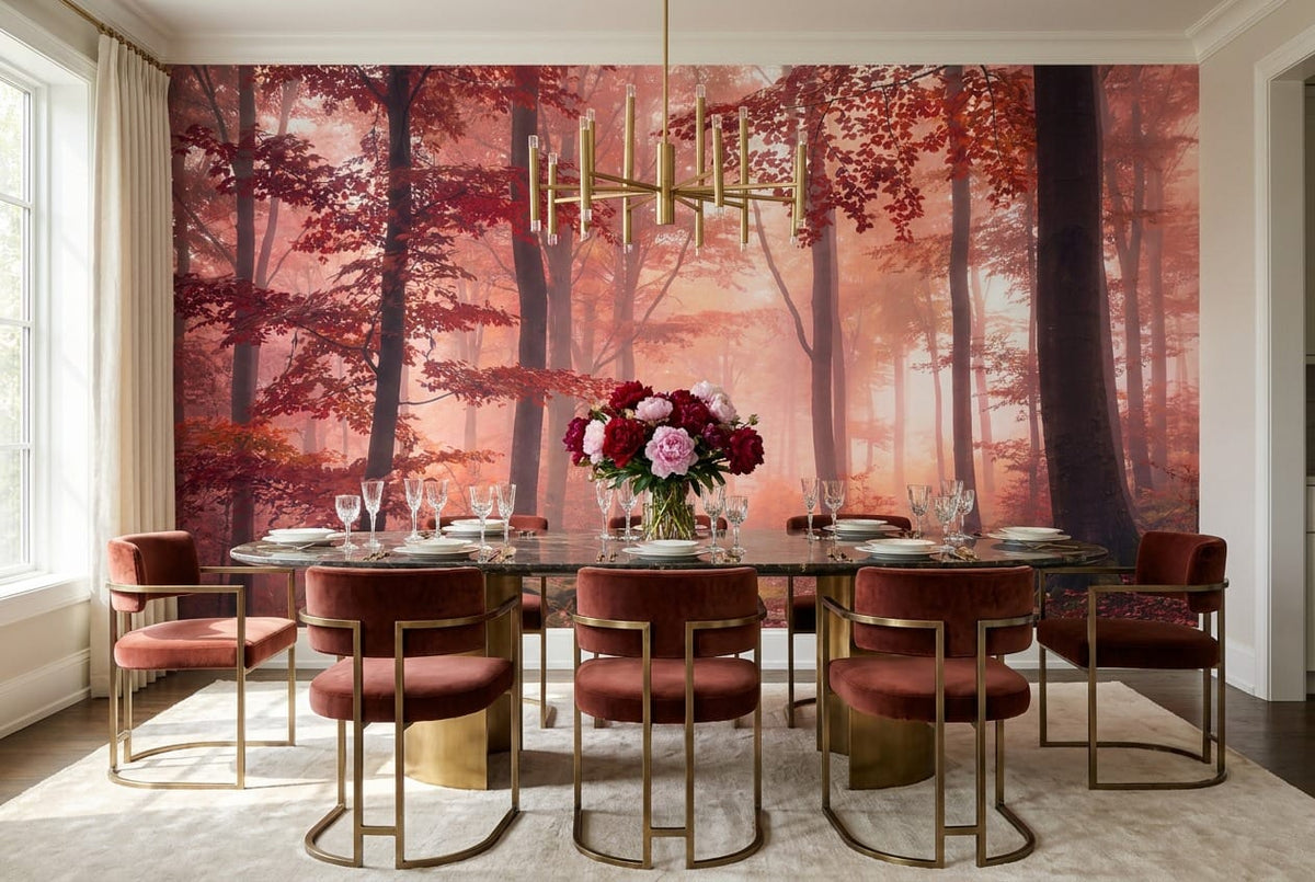 Blush Morning Mist Autumn Forest Wallpaper Mural in pink