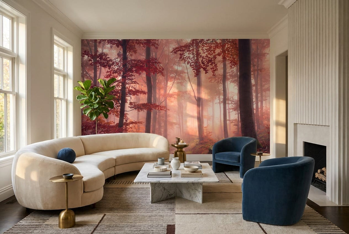 Blush Morning Mist Autumn Forest Wallpaper Mural in pink