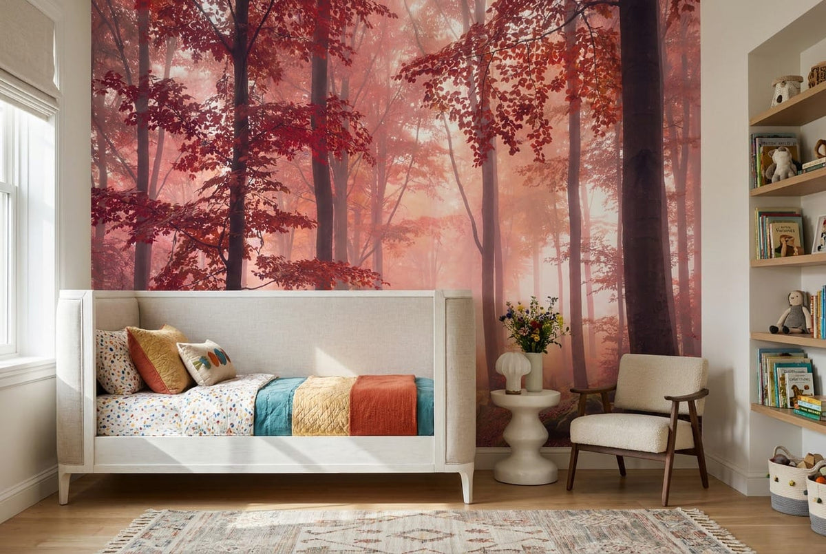 Blush Morning Mist Autumn Forest Wallpaper Mural in pink