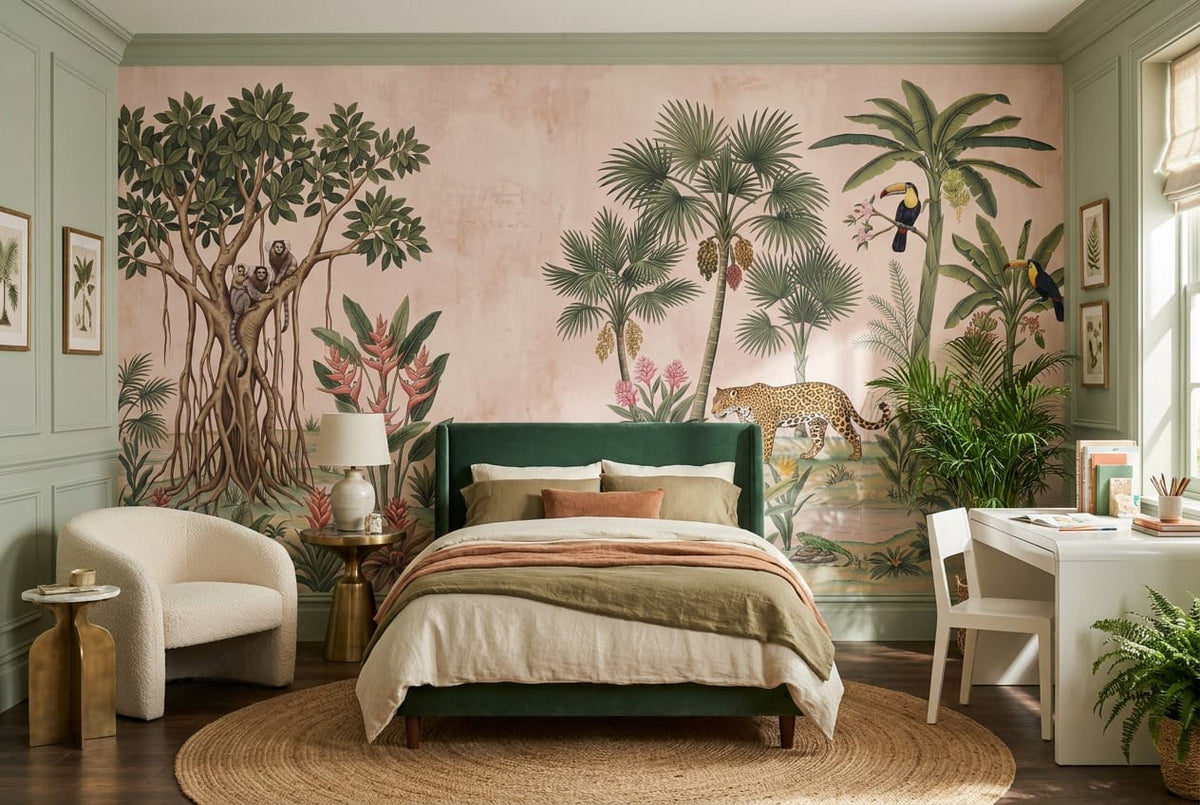 Pink Green Botanical Tropical Rainforest Wallpaper Mural scene image