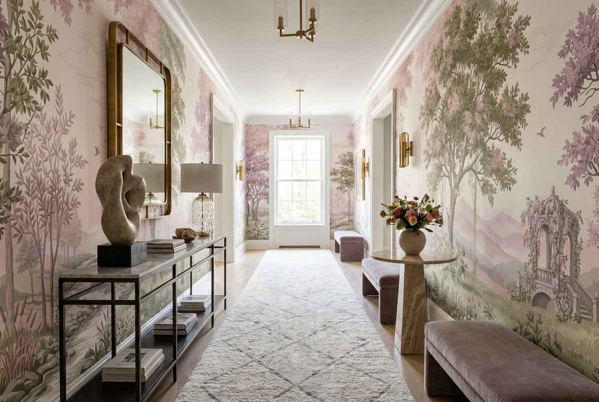 pink forest hallway custom peel and stick non woven vinyl removable wallpaper mural
