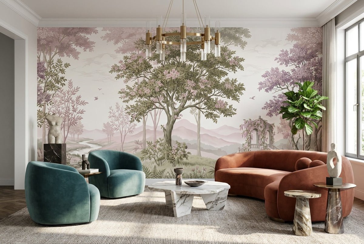 pink forest lounge custom peel and stick non woven vinyl removable wallpaper mural