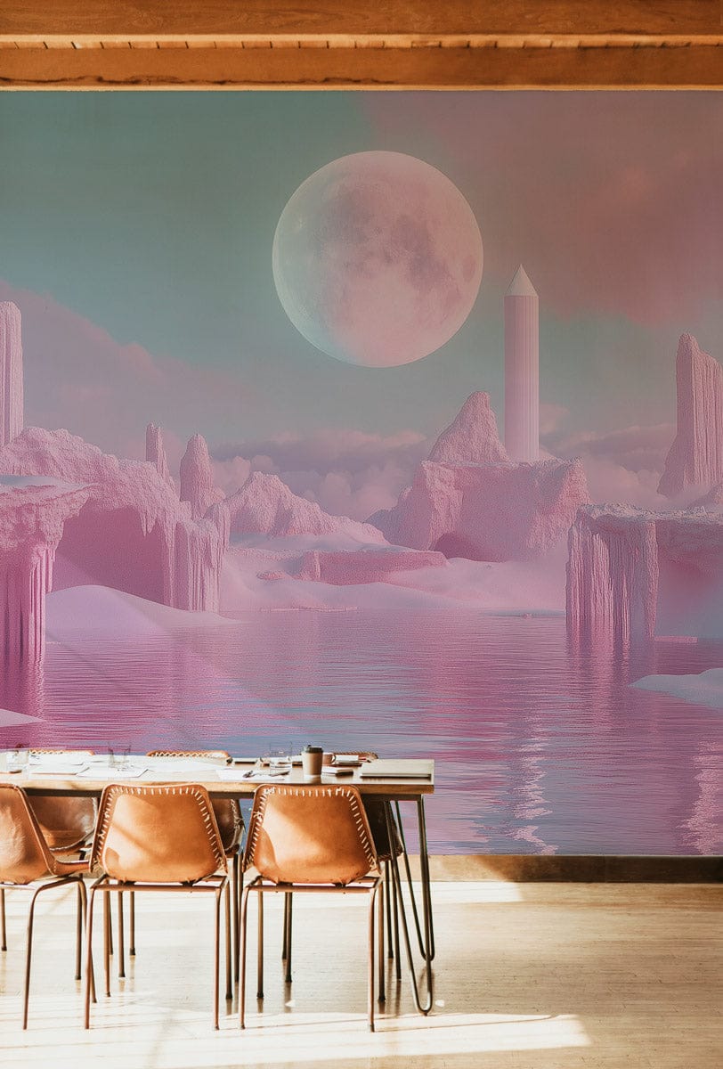 Pink Moon Fantasy Lagoon Mural Wallpaper
