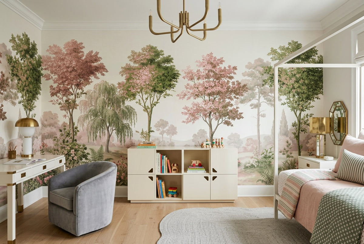 pink pastel trees kids custom peel and stick non woven vinyl removable wallpaper mural