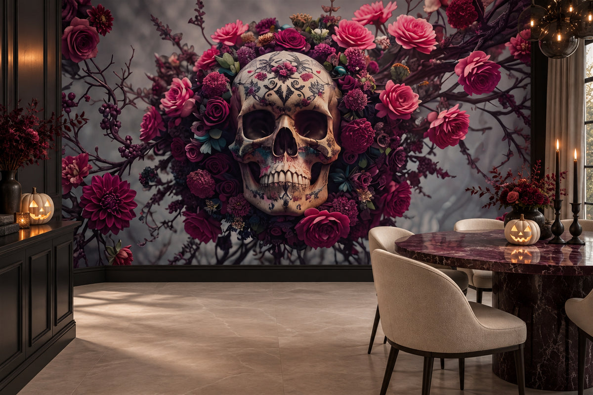 pink skull wallpaper mural dining room custom removable non woven vinyl peel and stick