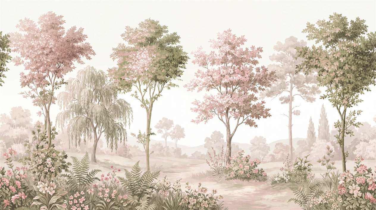 Pastel Pink and Green Forest Grove Wallpaper Mural