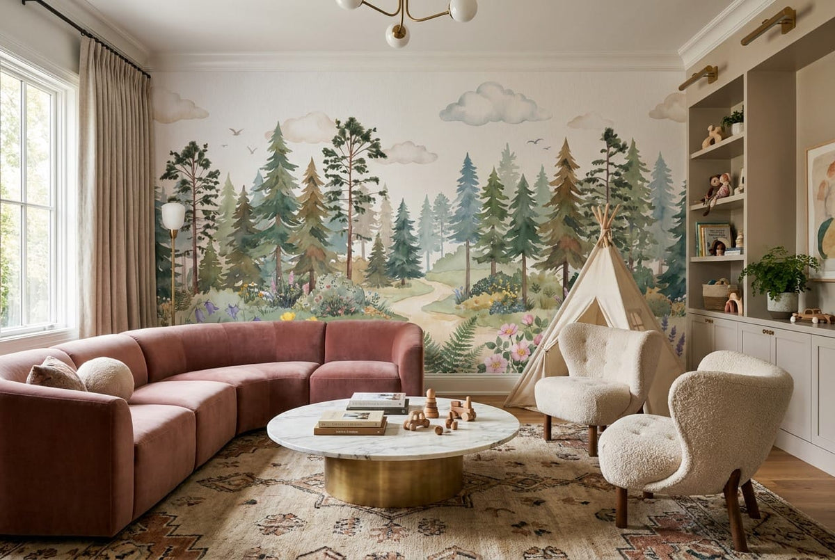 Green pine tree wallpaper mural in a playroom