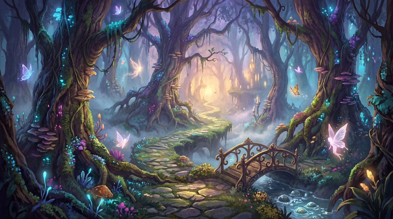 Enchanted Fairy Forest Bridge Wallpaper Mural
