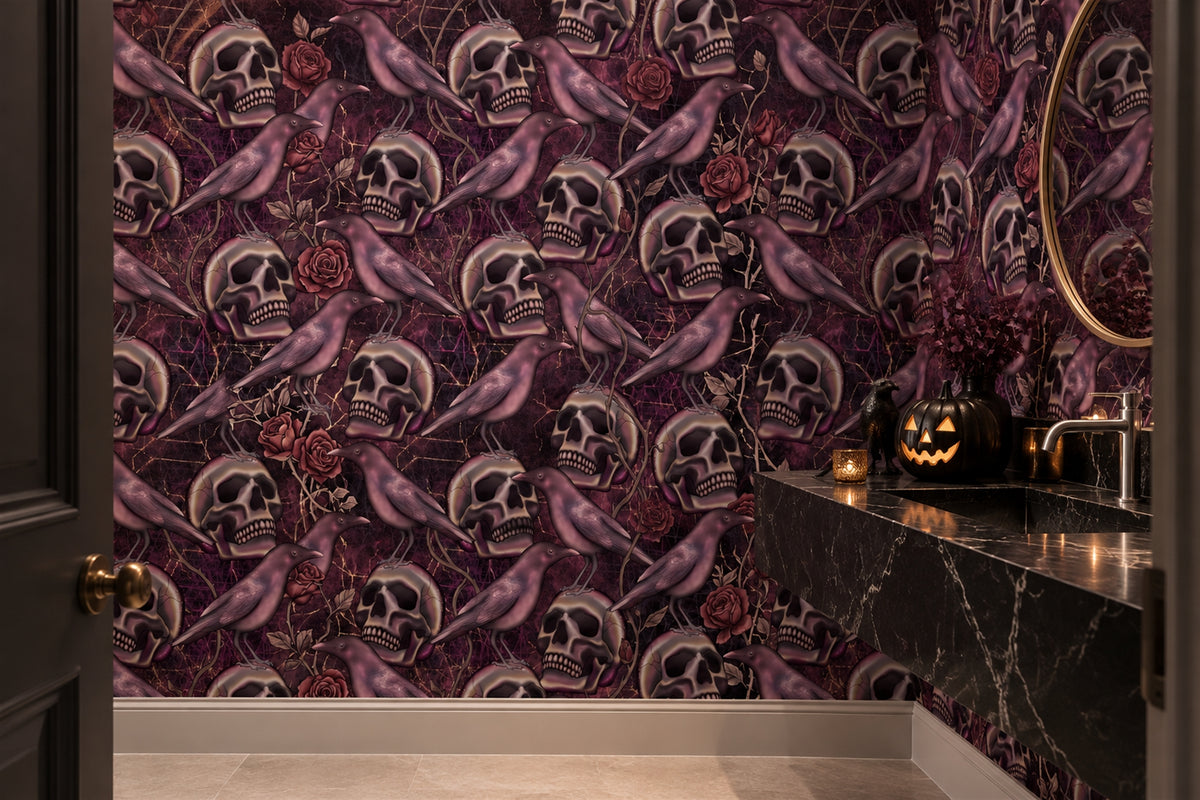 purple skulls wallpaper mural bathroom custom removable non woven vinyl peel and stick