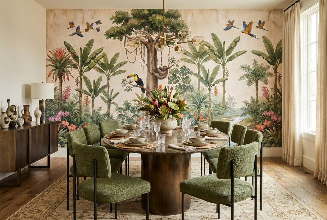 Soft Beige Botanical Tropical Rainforest Wallpaper Mural scene image
