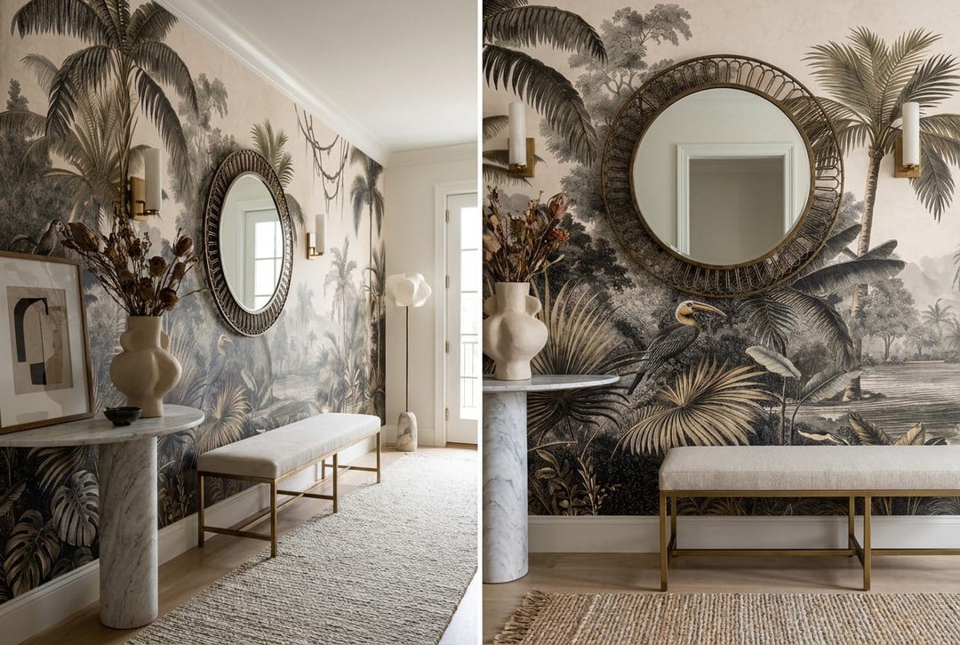 Jade Gray Botanical Tropical Rainforest Wallpaper Mural scene image
