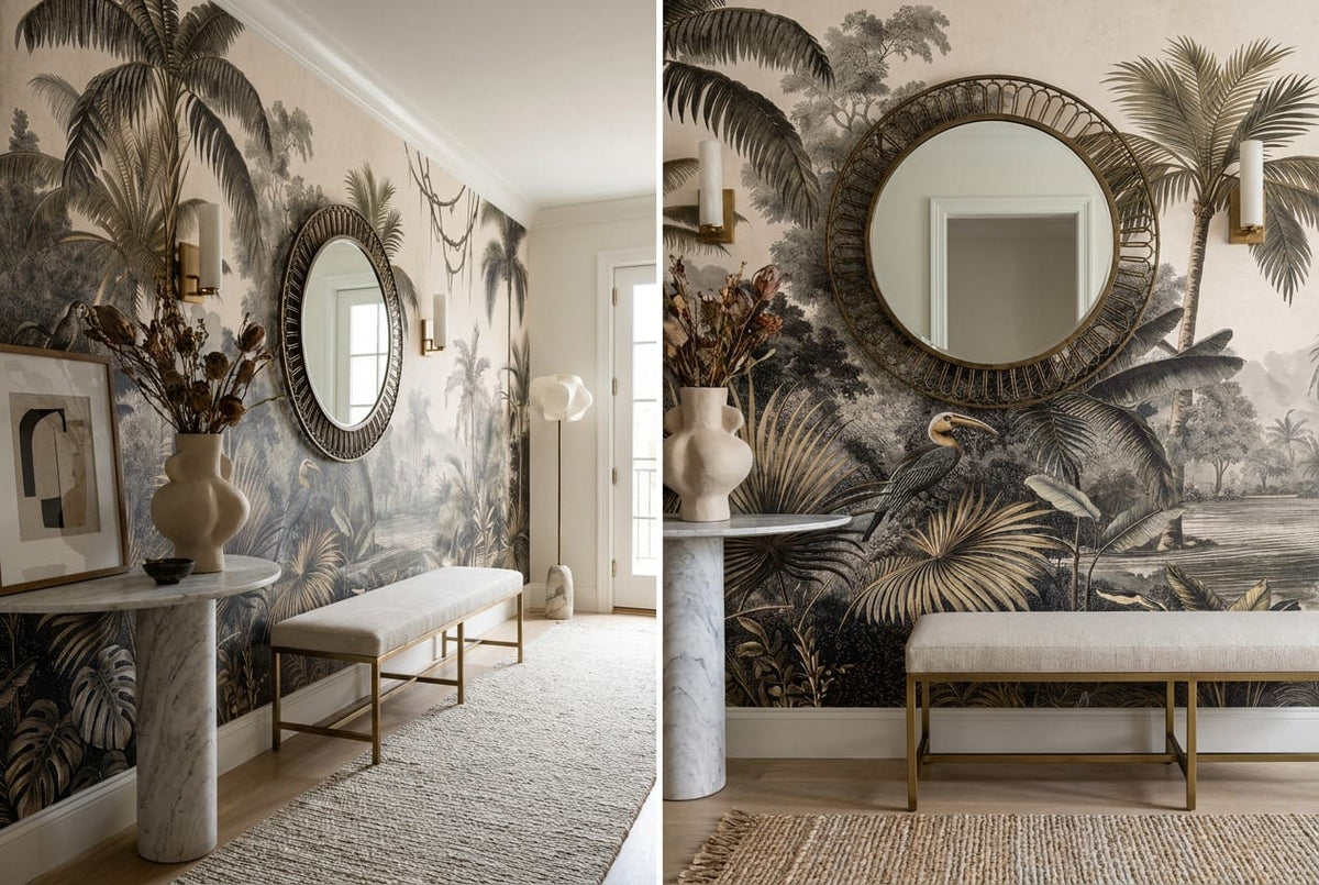Jade Gray Botanical Tropical Rainforest Wallpaper Mural scene image