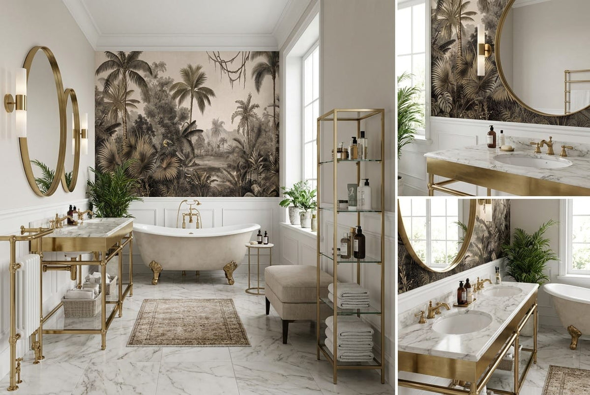 Jade Gray Botanical Tropical Rainforest Wallpaper Mural scene image